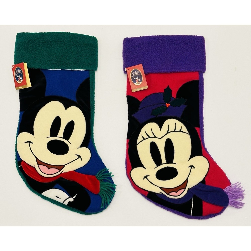 Disney Store Enchanted Christmas Mickey Minnie Sherpa Stockings Vintage 2pc New
